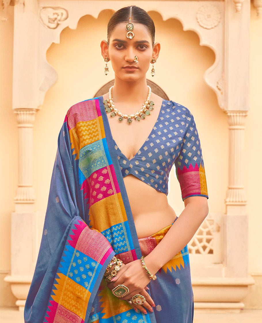 Blue-Grey Designer Saree, Styled with Buttas, Complemented by a Contrast Temple Multi-Color Butta Woven Border, Intricate Pallu, and a Matching Blouse