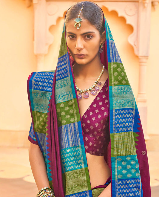 Purple Designer Saree, Crafted with Buttas, Complemented by a Contrast Temple Multi-Color Butta Woven Border, Intricate Pallu, and a Matching Blouse
