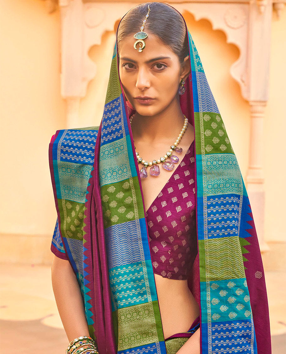 Purple Designer Saree, Crafted with Buttas, Complemented by a Contrast Temple Multi-Color Butta Woven Border, Intricate Pallu, and a Matching Blouse