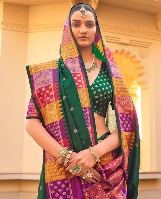 Green Designer Saree, Decorated with Buttas, Complemented by a Contrast Temple Multi-Color Butta Woven Border, Intricate Pallu, and a Matching Blouse