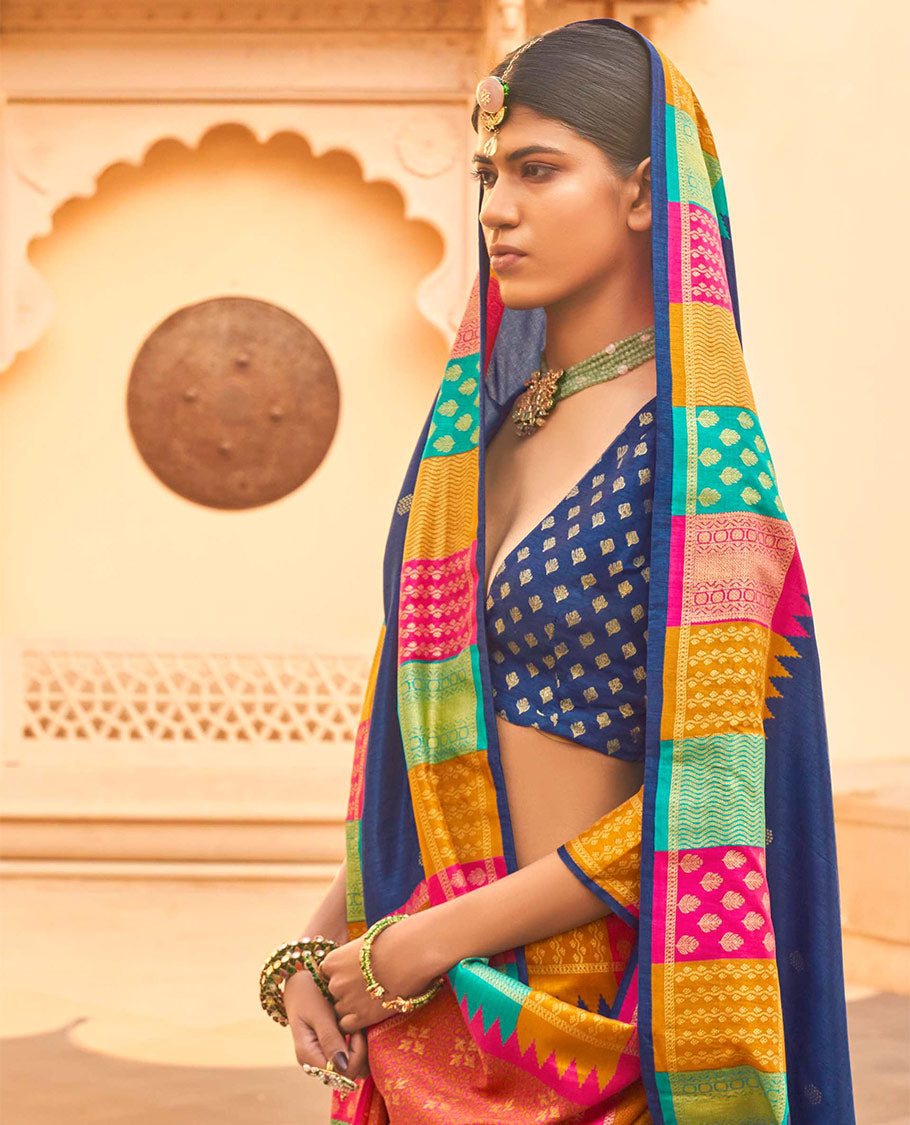 Navy Designer Saree, Bedecked with Buttas, Complemented by a Contrast Temple Multi-Color Butta Woven Border, Intricate Pallu, and a Matching Blouse