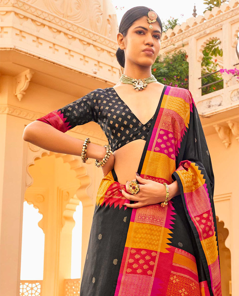 Black Designer Saree, Woven with Buttas, Complemented by a Contrast Temple Multi-Color Butta Woven Border, Intricate Pallu, and a Matching Blouse