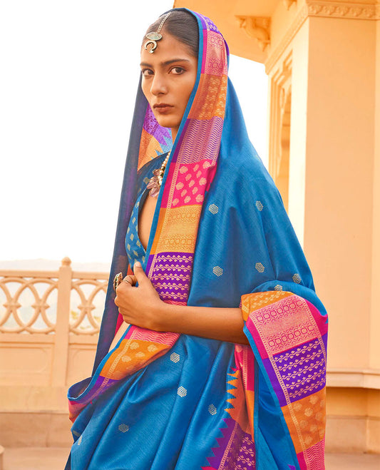 Blue Designer Saree, Enthralled with Buttas, Complemented by a Contrast Temple Multi-Color Butta Woven Border, Intricate Pallu, and a Matching Blouse
