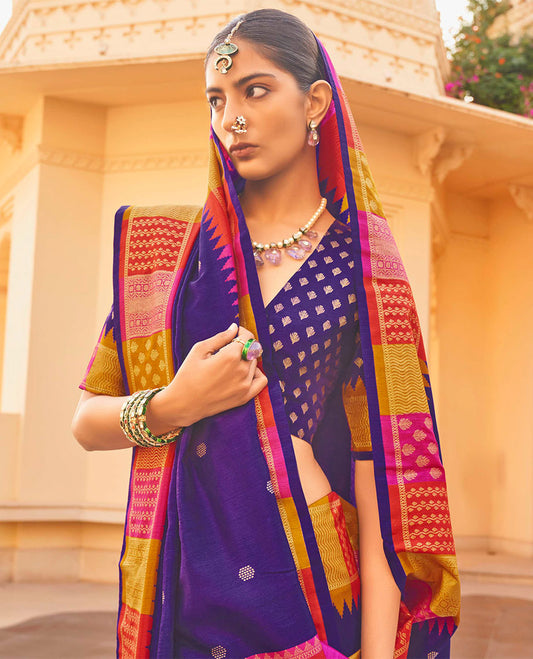 Violet Designer Saree, Enriched with Buttas, Complemented by a Contrast Temple Multi-Color Butta Woven Border, Intricate Pallu, and a Matching Blouse