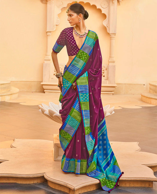 Purple Designer Saree, Crafted with Buttas, Complemented by a Contrast Temple Multi-Color Butta Woven Border, Intricate Pallu, and a Matching Blouse