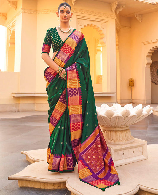 Green Designer Saree, Decorated with Buttas, Complemented by a Contrast Temple Multi-Color Butta Woven Border, Intricate Pallu, and a Matching Blouse