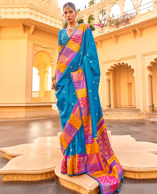 Blue Designer Saree, Enthralled with Buttas, Complemented by a Contrast Temple Multi-Color Butta Woven Border, Intricate Pallu, and a Matching Blouse