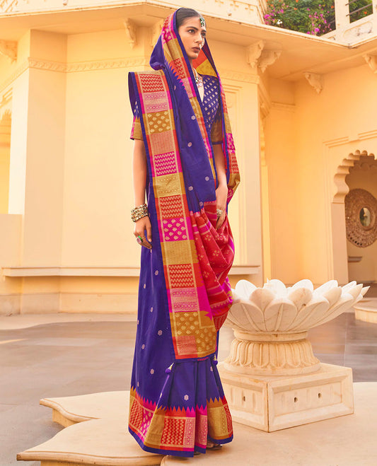 Violet Designer Saree, Enriched with Buttas, Complemented by a Contrast Temple Multi-Color Butta Woven Border, Intricate Pallu, and a Matching Blouse