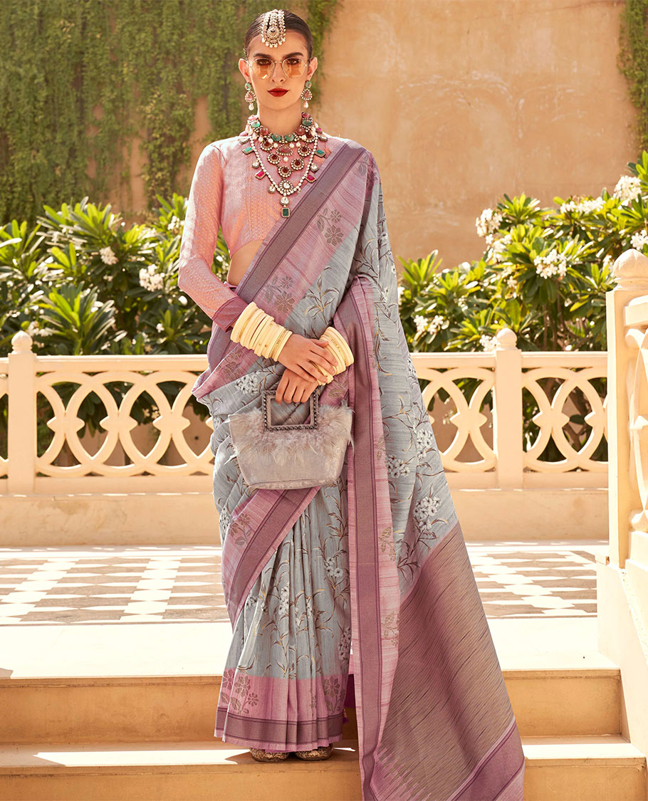 Grey and pink floral vine printed designer catalog saree, contrast floral motifs border, and pallu of temple design