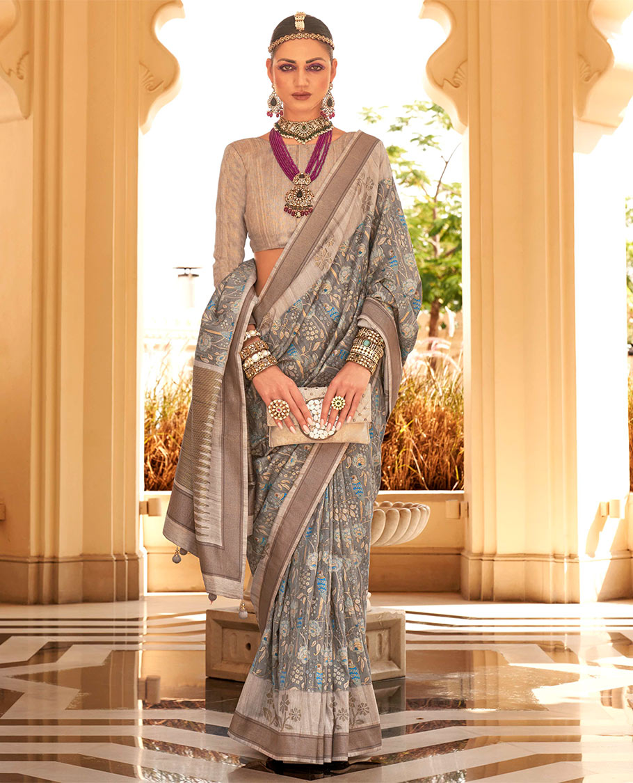 Grey floral and bird printed designer catalog saree, contrast floral motifs border, and pallu of temple design pallu