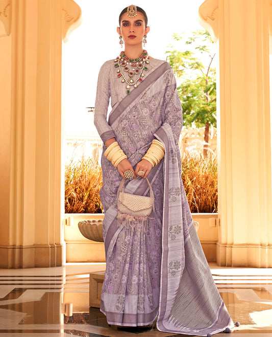 Light lavender floral motifs printed designer catalog saree, contrast floral motifs border, and pallu of temple plain pallu