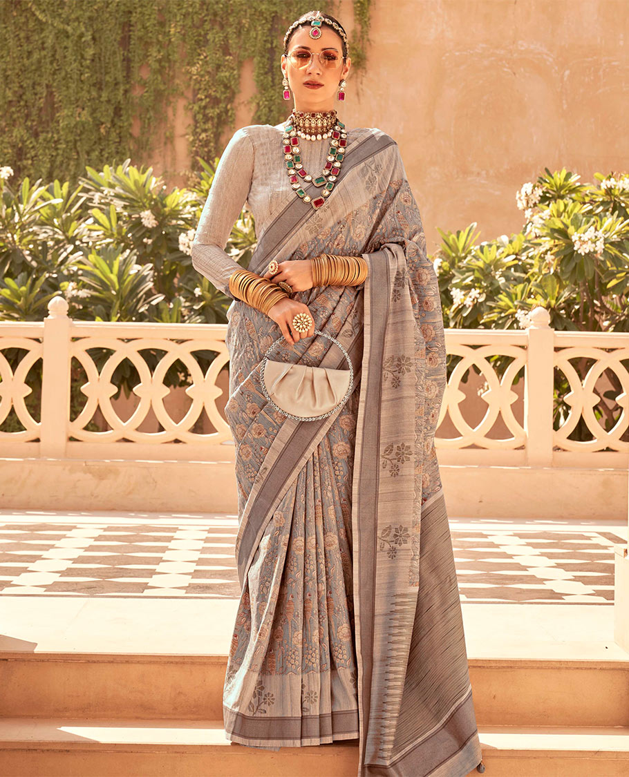 Grey floral motifs printed designer catalog saree, contrast floral motifs border, and pallu of temple plain pallu