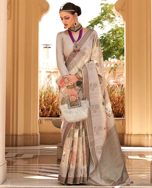 Beige Pichwai cow, tree, floral, and lotus printed designer catalog saree, contrast border of floral motifs, and pallu of temple design