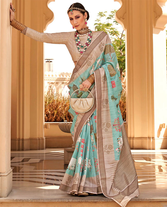 Turquoise pichwai cow, tree, floral, and lotus printed designer catalog saree, contrast border of floral motifs, and pallu of temple design