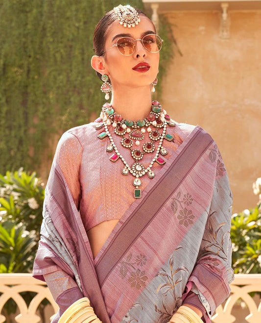 Grey and pink floral vine printed designer catalog saree, contrast floral motifs border, and pallu of temple design