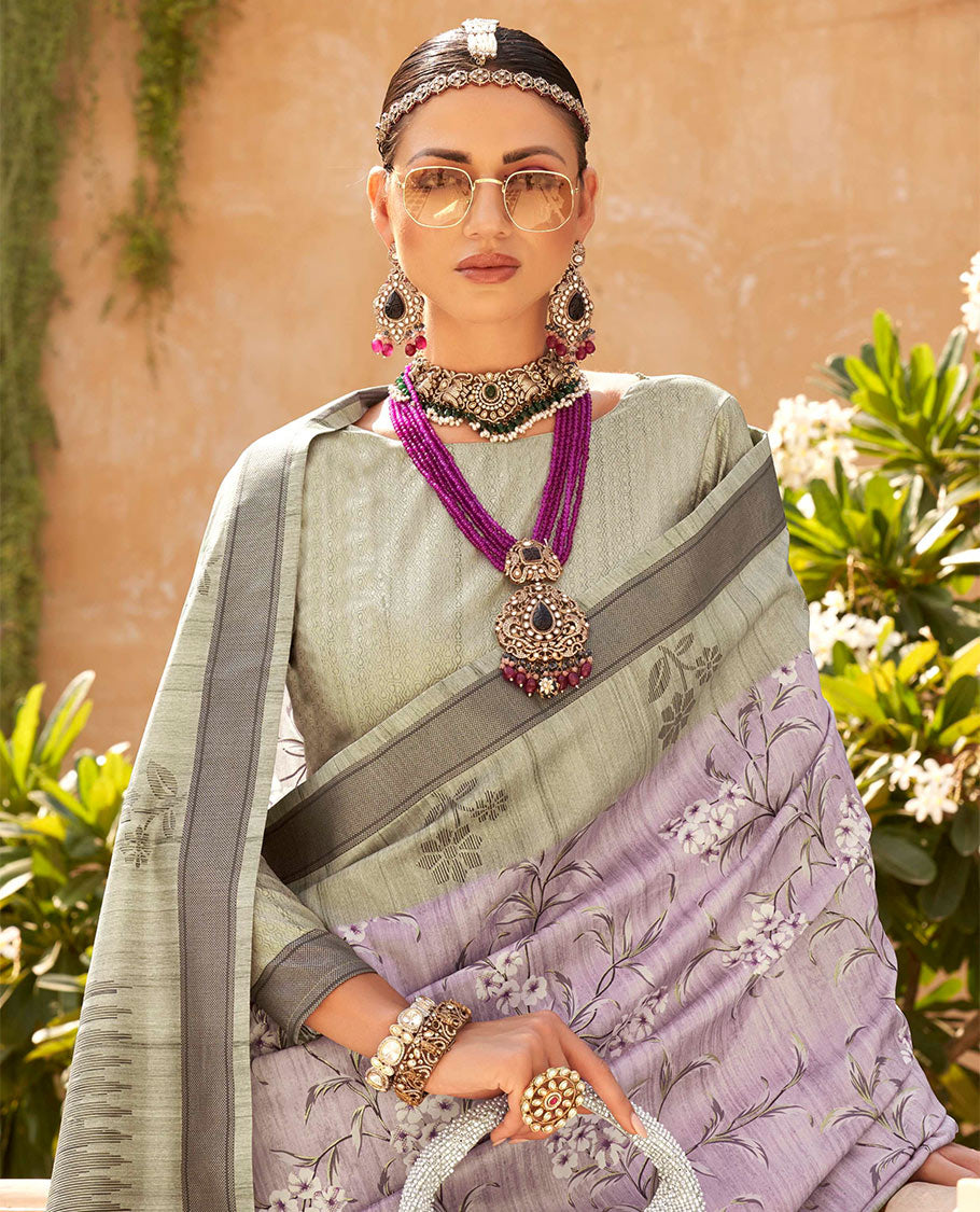 Light lavender base floral vine printed designer catalog saree, contrast floral motifs border, and pallu of temple design