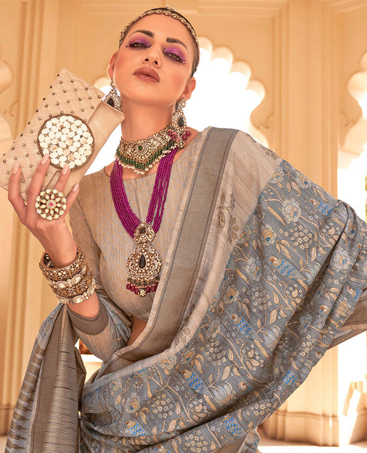 Grey floral and bird printed designer catalog saree, contrast floral motifs border, and pallu of temple design pallu