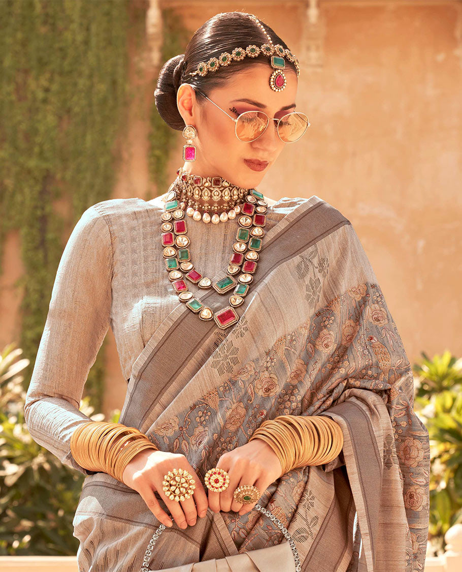 Grey floral motifs printed designer catalog saree, contrast floral motifs border, and pallu of temple plain pallu