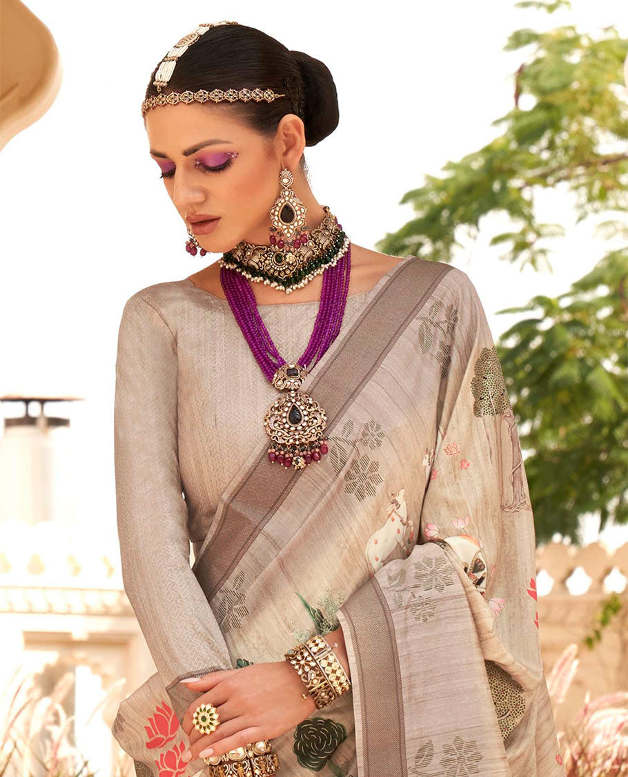 Beige Pichwai cow, tree, floral, and lotus printed designer catalog saree, contrast border of floral motifs, and pallu of temple design