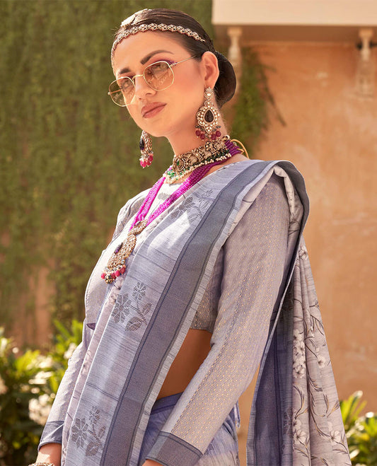 Grey and blue floral vine printed designer catalog saree, contrast floral motifs border, and pallu of temple design