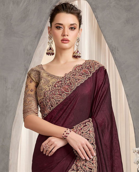 Maroon catalouge designer saree with self floral embroidery border