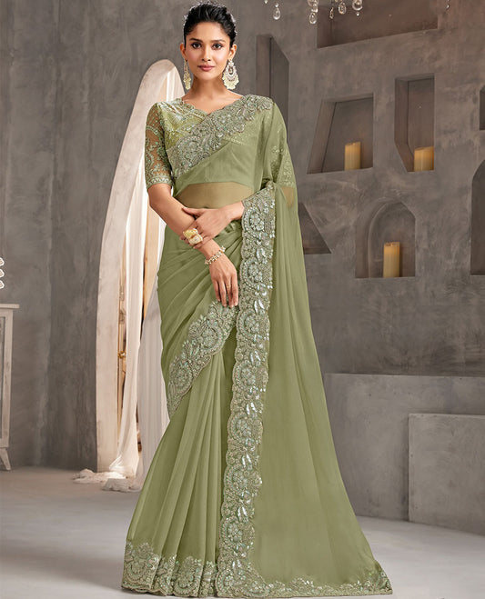 Mint green catalouge designer saree with self floral embroidery border