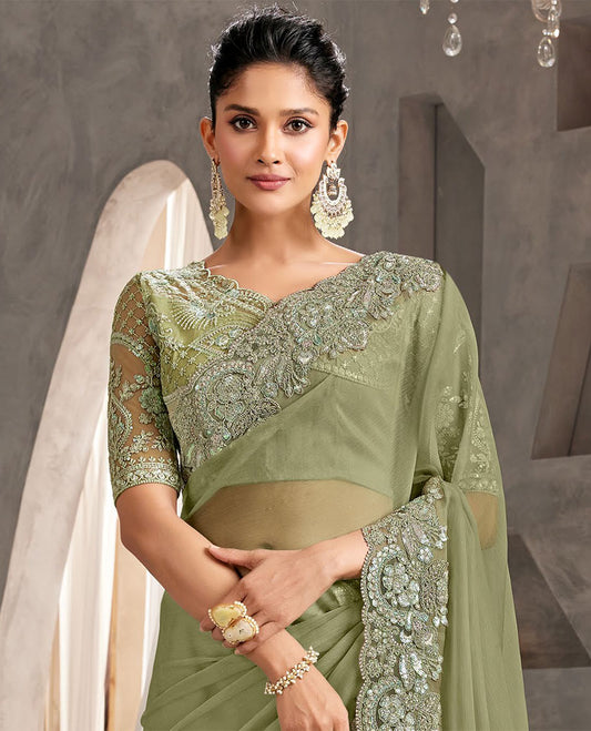Mint green catalouge designer saree with self floral embroidery border