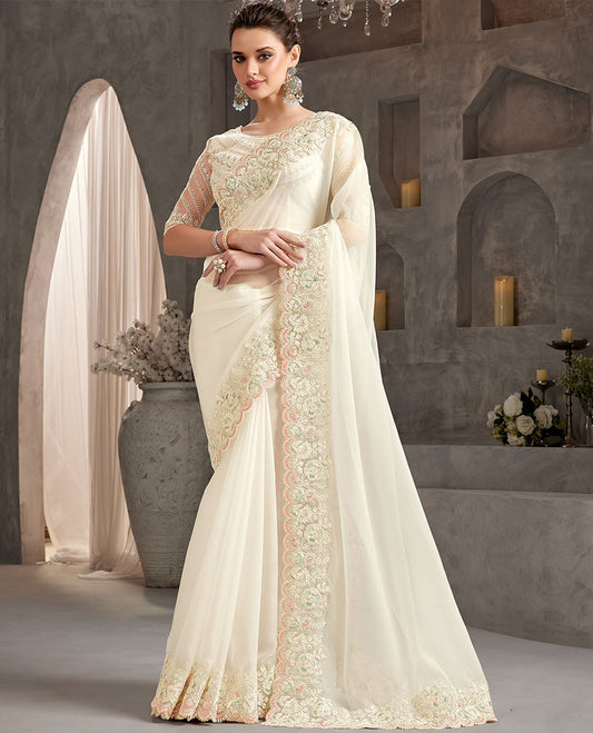 White catalouge designer saree with self floral embroidery border