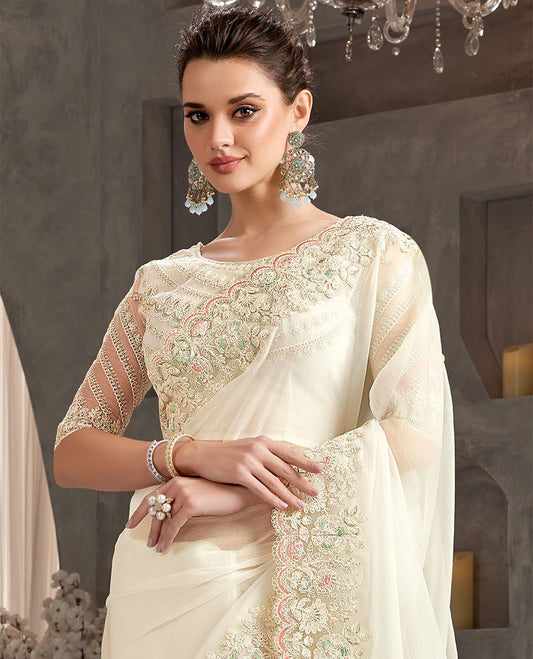 White catalouge designer saree with self floral embroidery border