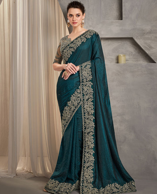 Dark blue catalouge designer saree with self floral design embroidery border
