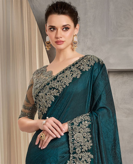 Dark blue catalouge designer saree with self floral design embroidery border