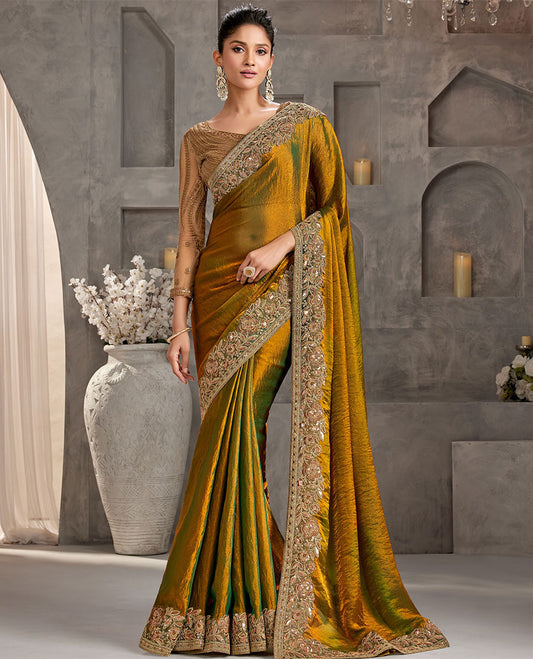 Mustard catalouge designer saree with self floral embroidery border