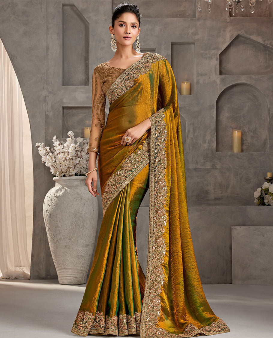Mustard catalouge designer saree with self floral embroidery border