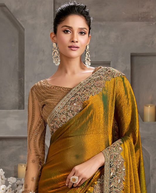 Mustard catalouge designer saree with self floral embroidery border