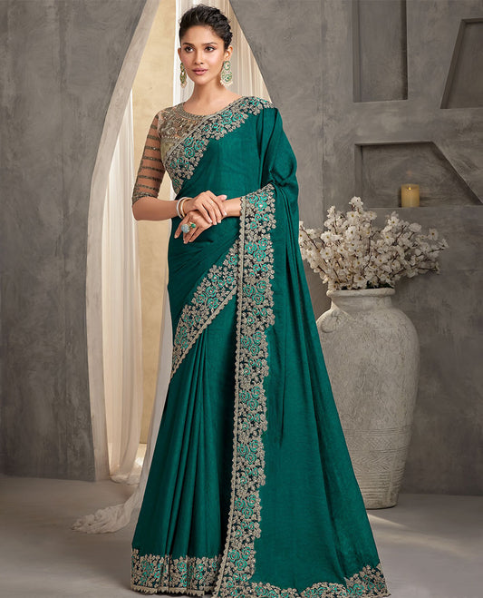 Green catalouge  designer saree with self floral embroidery border