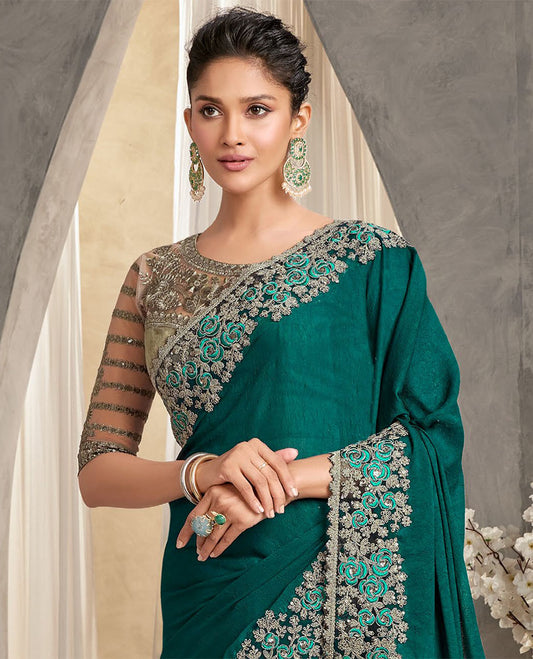 Green catalouge  designer saree with self floral embroidery border