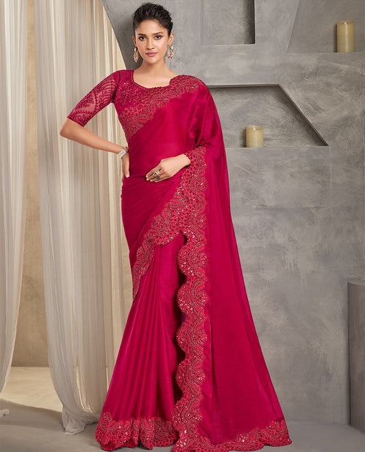 Red catalouge designer saree with self floral design embroidery border
