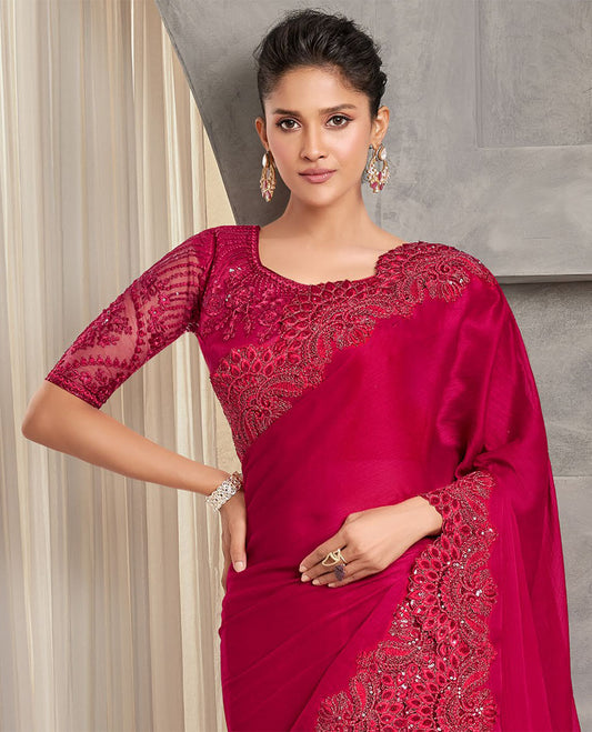 Red catalouge designer saree with self floral design embroidery border