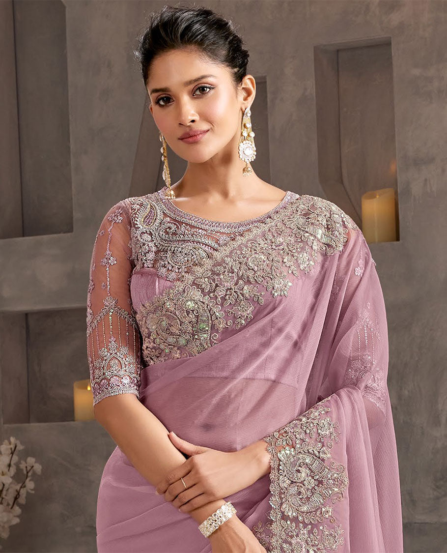 Mauve catalouge designer saree with self floral embroidery border