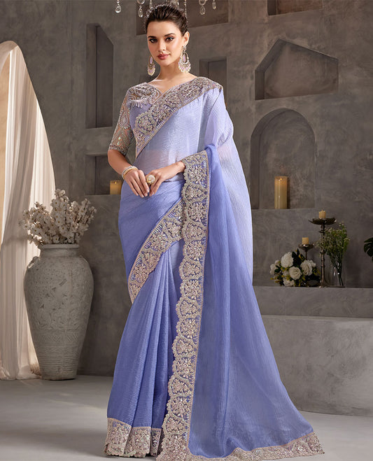 Blue catalouge designer saree with self floral embroidery border