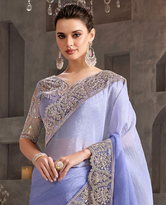 Blue catalouge designer saree with self floral embroidery border