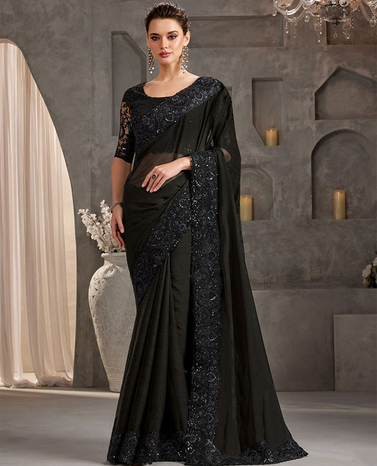 Black catalouge designer saree with self floral embroidery border