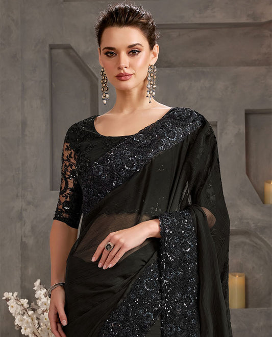 Black catalouge designer saree with self floral embroidery border