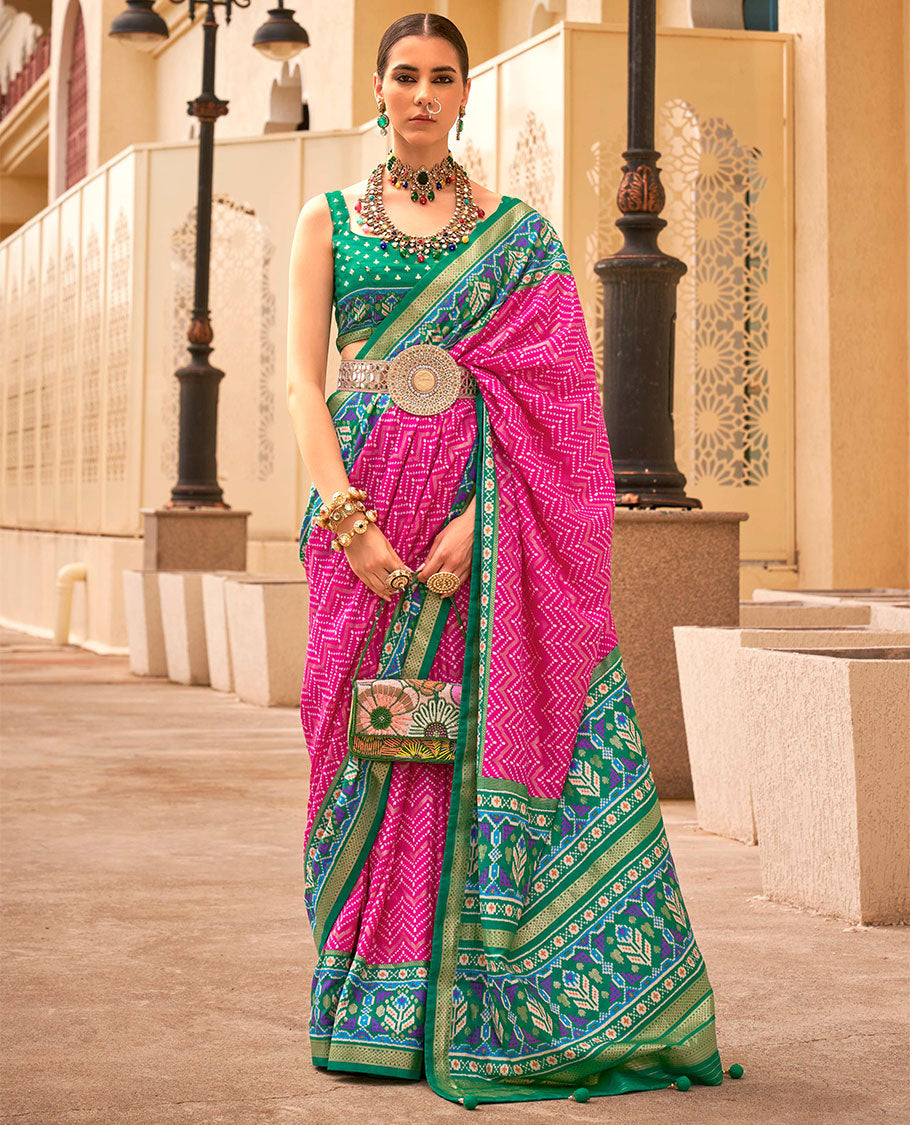 Pink-green patola chevron striped designer catalog saree, contrast diamond ikkat border, and pallu of diamond patterns