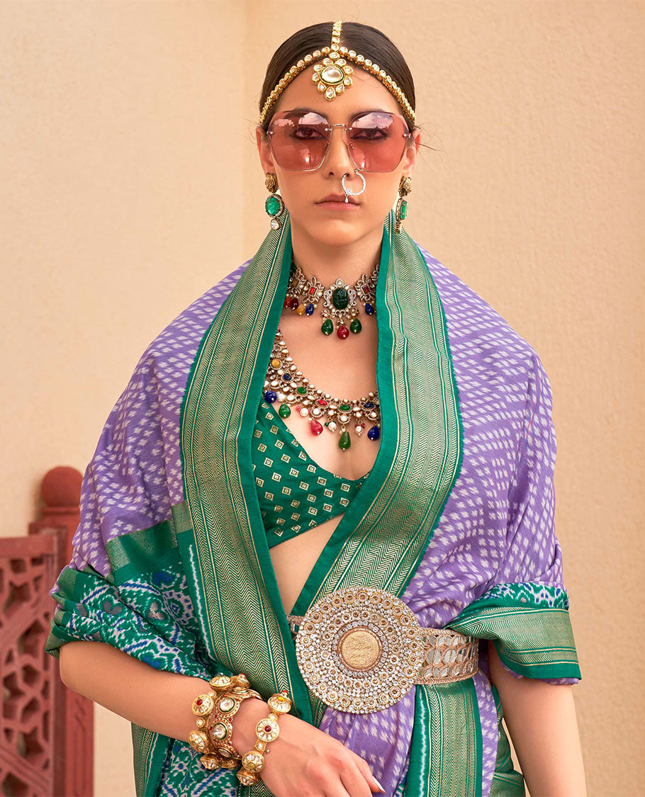 Lavender-green jaal patola designer catalog saree, contrast border and pallu of intricate patola weave