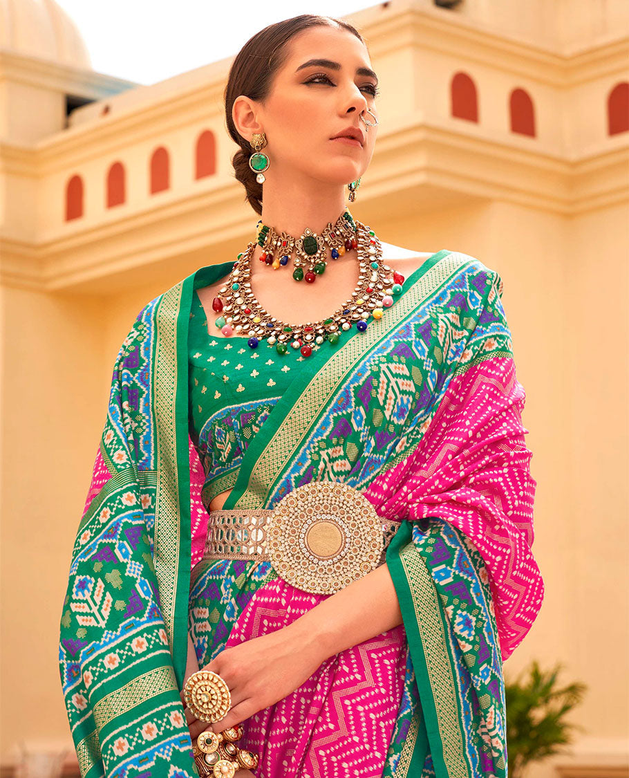 Pink-green patola chevron striped designer catalog saree, contrast diamond ikkat border, and pallu of diamond patterns