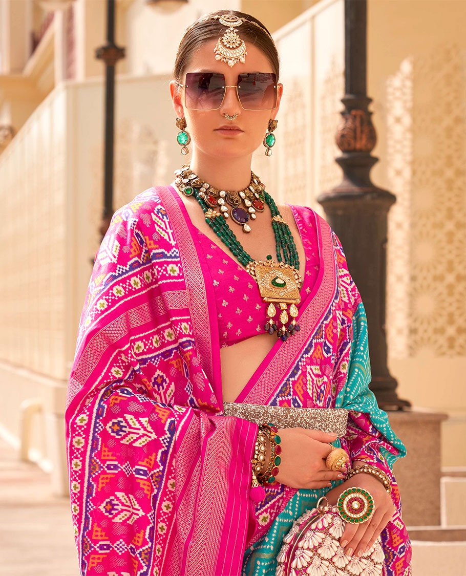 Blue-pink patola chevron striped designer catalog saree, contrast diamond ikkat border, and pallu of diamond patterns