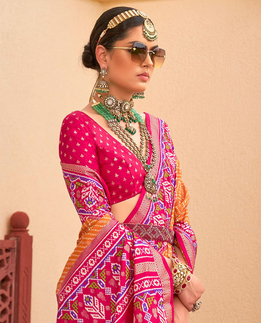 Orange-pink patola chevron striped designer catalog saree, contrast diamond ikkat border, and pallu of diamond patterns