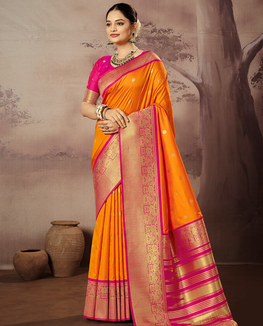 Orange Paithani Designer Catalog Saree, Adorned with Zari Buttas, a Contrast Traditional Zari Border, Temple Pallu, and a Contrast Blouse