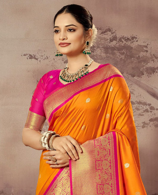 Orange Paithani Designer Catalog Saree, Adorned with Zari Buttas, a Contrast Traditional Zari Border, Temple Pallu, and a Contrast Blouse